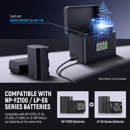 Neewer NW-ZP4 Estuche Cargador 4 Canales para Baterías NP-FZ100 LP-E6 40W USB-C