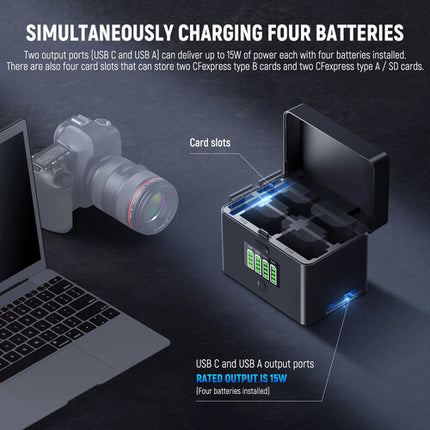 Neewer NW-ZP4 Estuche Cargador 4 Canales para Baterías NP-FZ100 LP-E6 40W USB-C