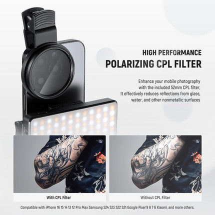 Neewer Basics BL120B Luz LED Clip-On para Selfie con Filtro CPL 52mm y Trípode