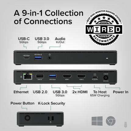 Plugable USB-C Estación de Acoplamiento Doble Pantalla 4K 65W PD