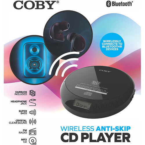 Coby CD201BK Reproductor de CD portátil recargable con Bluetooth y radio FM