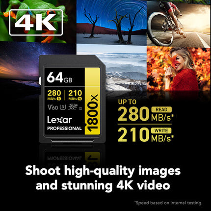 Lexar 64GB SDXC Profesional 1800x UHS-II V60 Velocidad 280MB/s 2-Pack