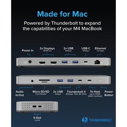 Plugable TBT-UDM Estación de acoplamiento Thunderbolt 4 13 en 1 con 2 HDMI 40 Gb/s 240W