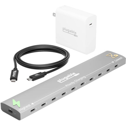 Plugable Cargador Prioritario USB 10 Puertos 140W Adaptador y Cable USB-C 3.3'