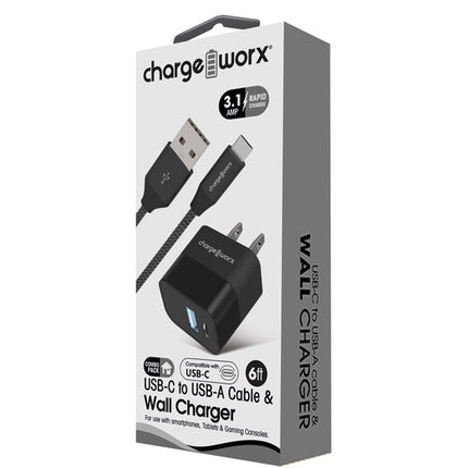 Cargador de pared ChargeWorx USB-C y USB-A 5V 3.1A con cable 6 pies negro