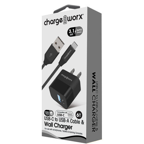 Cargador de pared ChargeWorx USB-C y USB-A 5V 3.1A con cable 6 pies negro