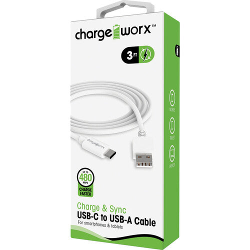 ChargeWorx Cable USB-C a USB-A para Carga y Sincronización 3 pies Blanco 480 Mb/s