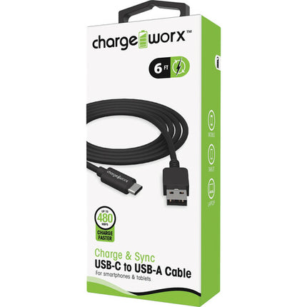 ChargeWorx Cable USB-C a USB-A para carga y sincronización 6 pies 480 Mb/s negro