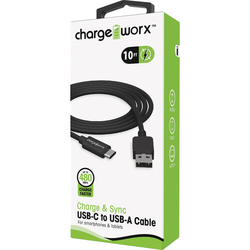 ChargeWorx Cable USB C a USB A 10 pies 480 Mb/s Negro