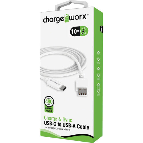 ChargeWorx Cable USB-C a USB-A para sincronización y carga 10 pies 480 Mb/s blanco