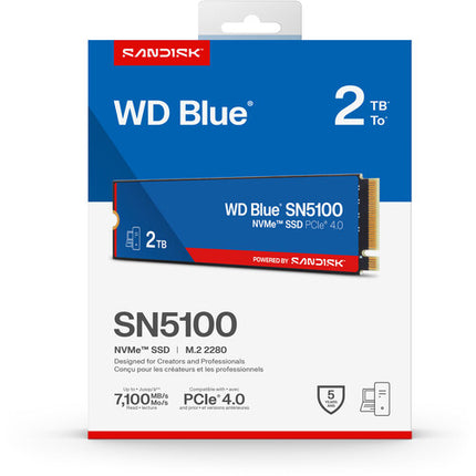 WD 2TB Blue SN5100 SSD interno NVMe PCIe 4.0 M.2 2280 7100 MB/s lectura 6700 MB/s escritura garantía 5 años