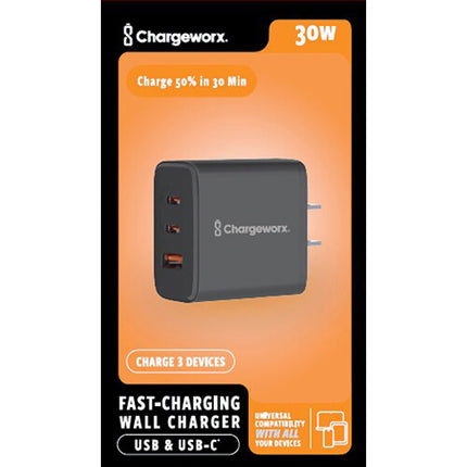 ChargeWorx Cargador de Pared USB 30W 3 Puertos Negro