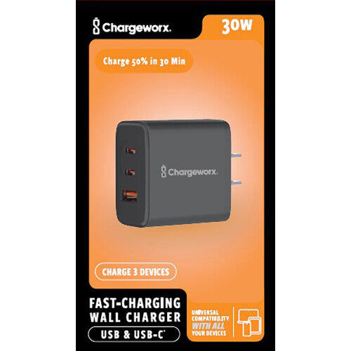 ChargeWorx Cargador de Pared USB 30W 3 Puertos Negro