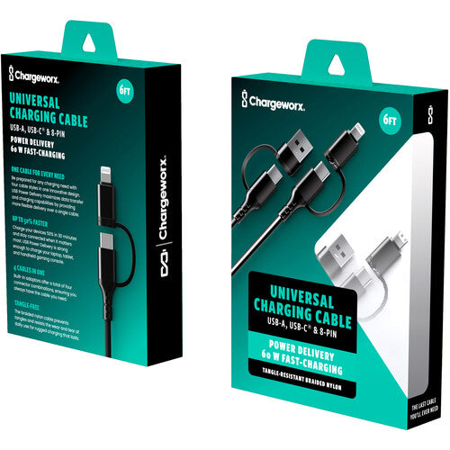 ChargeWorx Cable de carga 4 en 1 USB-C USB-A Lightning 60W 1.8 m negro