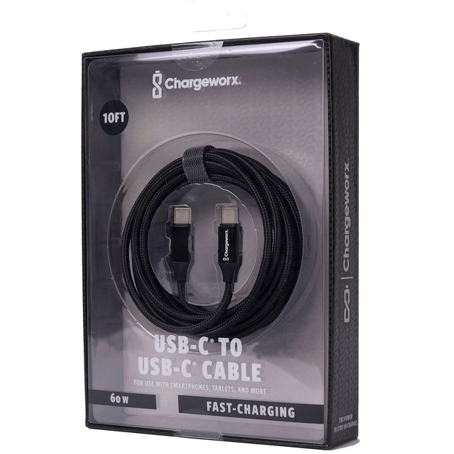 ChargeWorx Nylo-Tuff Cable de carga USB-C 60W 10 pies negro durable