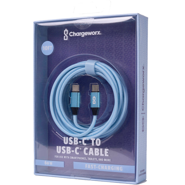 ChargeWorx Nylo-Tuff Cable de carga USB-C 60W 10 pies azul
