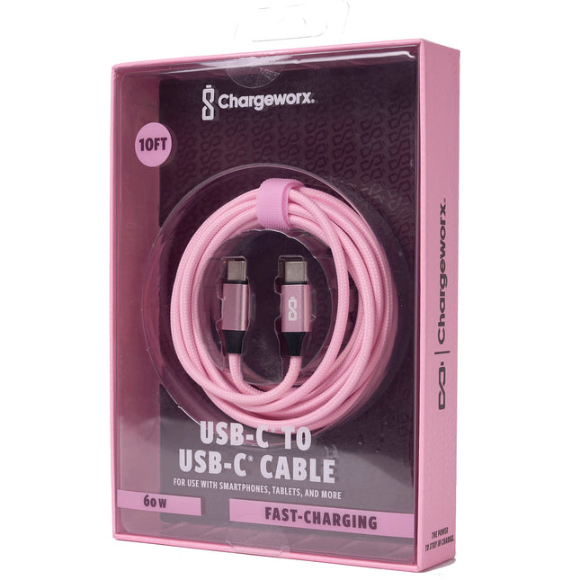 ChargeWorx Nylo-Tuff Cable de carga USB-C 60W 10 pies rosa durable