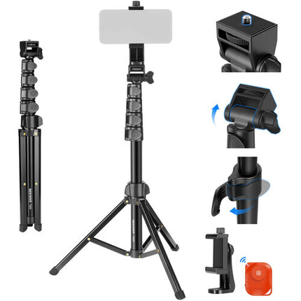 Neewer TS03 Trípode de Viaje Aluminio 66 Pulgadas Capacidad 11 lb con Mando Bluetooth y Soporte para Teléfono