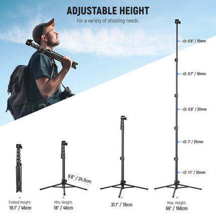 Neewer TS03 Trípode de Viaje Aluminio 66 Pulgadas Capacidad 11 lb con Mando Bluetooth y Soporte para Teléfono