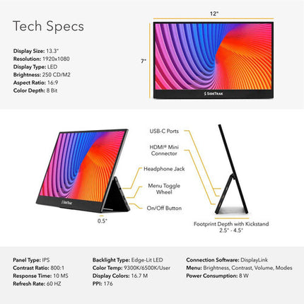 Luxor SideTrak Solo Pro Monitor portátil 13.3" Full HD 1920x1080 USB-C y Mini-HDMI