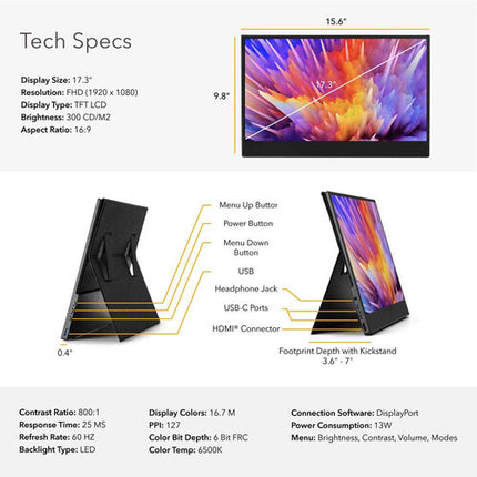 Luxor SideTrak Solo Pro Monitor portátil HDR 17.3" Full HD 300 nits 60 Hz
