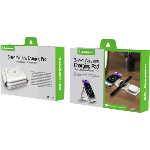 ChargeWorx base de carga inalámbrica plegable 3 en 1 blanca 15W para teléfono reloj y auriculares