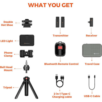 NearStream VK10 Kit de Video para Smartphone con Micrófono Lavalier Inalámbrico y Luz LED Bi-Color Compacta