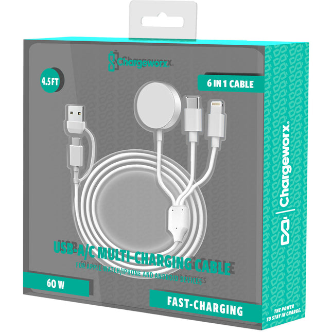 ChargeWorx Cable de Carga 6 en 1 con Cargador Apple Watch 60W 4.5'