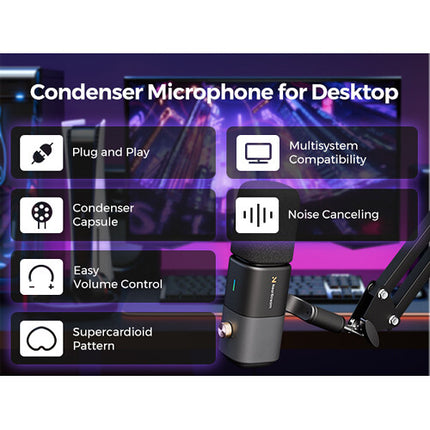 NearStream AM20X Micrófono Condensador Supercardioide XLR USB con Brazo Boom y Cancelación de Ruido AI