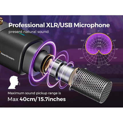 NearStream AM20X Micrófono Condensador Supercardioide XLR USB con Brazo Boom y Cancelación de Ruido AI