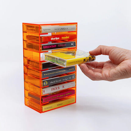 WE ARE REWIND Cassette Rack Organizador para 10 Cassettes Acrílico Translúcido Naranja