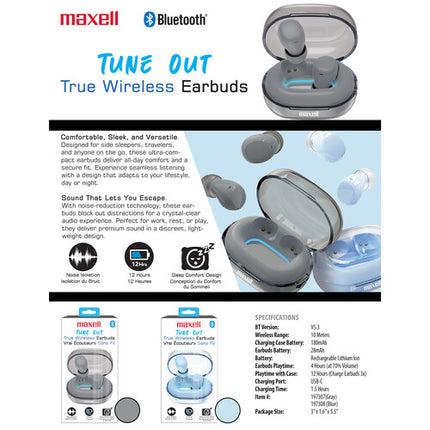 Maxell Tune Out Auriculares Inalámbricos True Wireless con Diseño para Dormir 12 Horas Reproducción