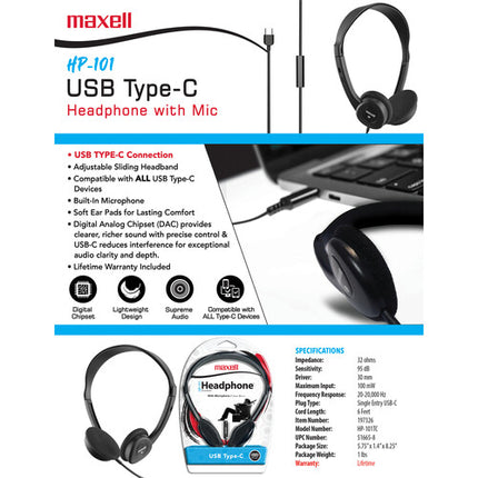 Maxell HP-101 Auriculares USB-C Alámbricos On-Ear con Micrófono y Diadema Ajustable