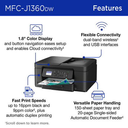 Brother Work Smart MFC-J1360DW Impresora multifunción tinta color Wi-Fi 16 ppm negro 9 ppm color con cartucho de alta capacidad LC501XLBK