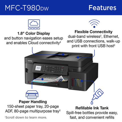 Brother MFC-T980DW impresora multifunción tinta color WiFi 17 ppm 1200x6000 dpi 4 botellas alto rendimiento