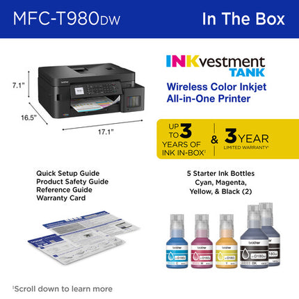 Brother MFC-T980DW Impresora multifunción inalámbrica tanque tinta hasta 3 años tinta 1200x6000 dpi 17 ppm negro