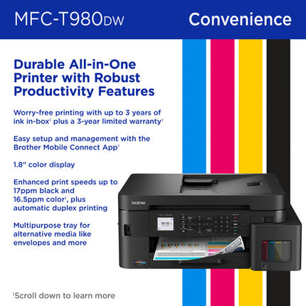 Brother MFC-T980DW Impresora multifunción inalámbrica tanque tinta hasta 3 años tinta 1200x6000 dpi 17 ppm negro