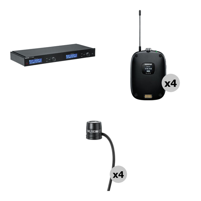 Shure SLXD4Q+ Receptor inalámbrico digital cuádruple con cuatro transmisores y micrófonos lavalier rango 138 MHz