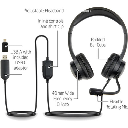 Xcellon USH-202 Auriculares On-Ear con Micrófono USB-A y USB-C Adaptador
