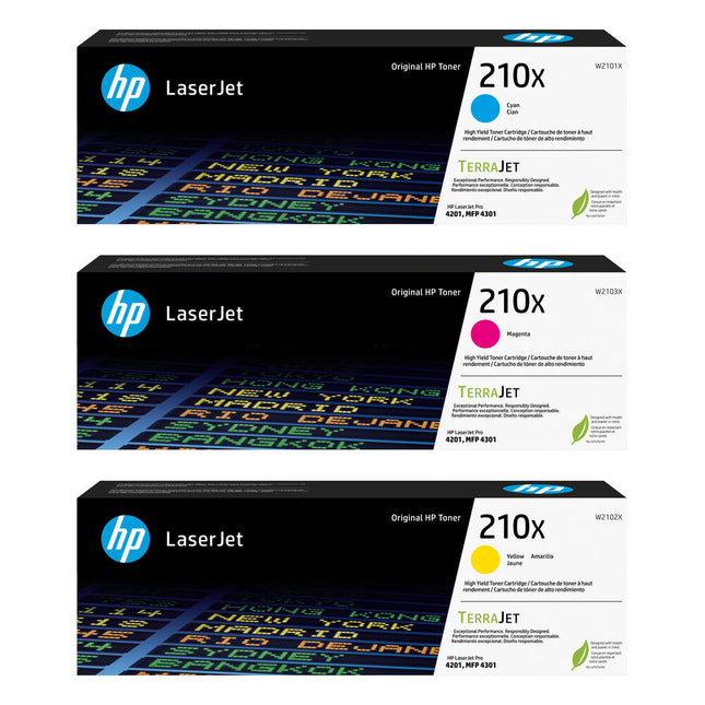 HP 210X Kit Cartuchos Tóner Láser Tricolor Alto Rendimiento para Color LaserJet Pro MFP 4301 y 4201