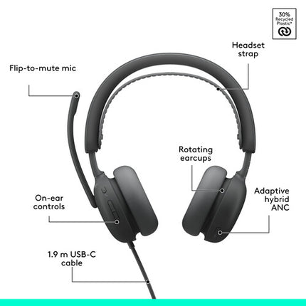 Logitech Zone Wired 2 Auriculares con Cancelación Activa y USB-C