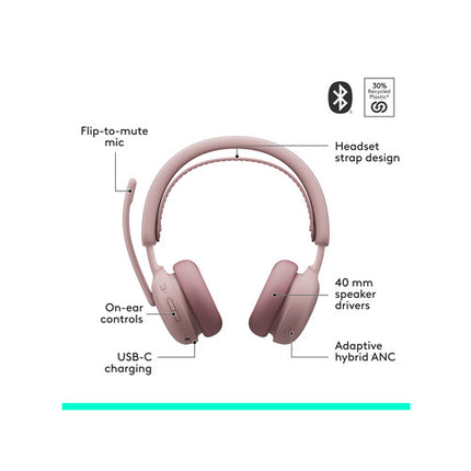 Logitech Zone Wireless 2 ES Auriculares Inalámbricos Rose 20 Horas Bluetooth Cancelación Activa