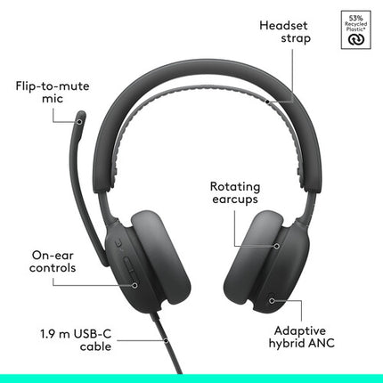 Logitech Zone Wired 2 Auriculares con Cancelación Activa y Micrófonos Dual USB-C