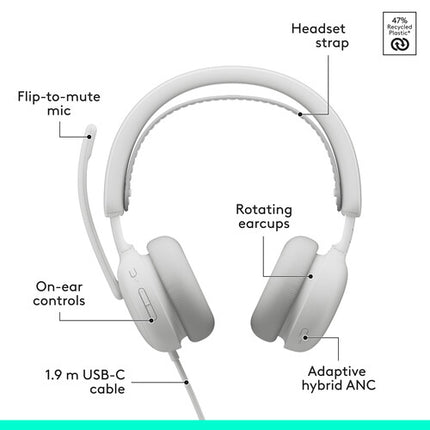 Logitech Zone Wired 2 Auriculares con Cancelación Activa de Ruido 40mm USB-C