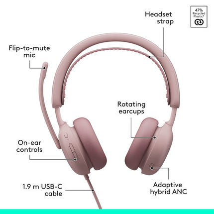 Logitech Zone Wired 2 Auriculares con Cancelación Activa Ruido USB-C Rosa