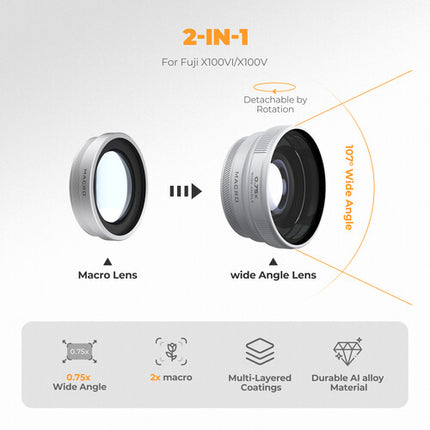 Freewell Lente 2 en 1 Gran Angular y Macro para FUJIFILM X100 Serie 62mm Silver