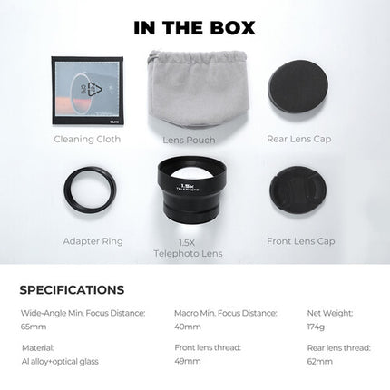 Freewell Lente Teleobjetivo 1.5x para FUJIFILM X100 Serie 62mm con Funda