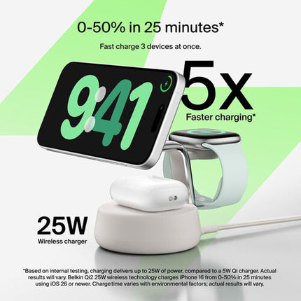 Belkin UltraCharge Pro Estación de carga magnética 3 en 1 Qi2 25W con refrigeración y adaptador 45W