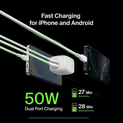 Belkin Dual USB-C 50W Cargador de Pared GaN con 2 Puertos y Protección Inteligente