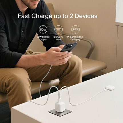 Belkin Dual USB-C 50W Cargador de Pared GaN con 2 Puertos y Protección Inteligente